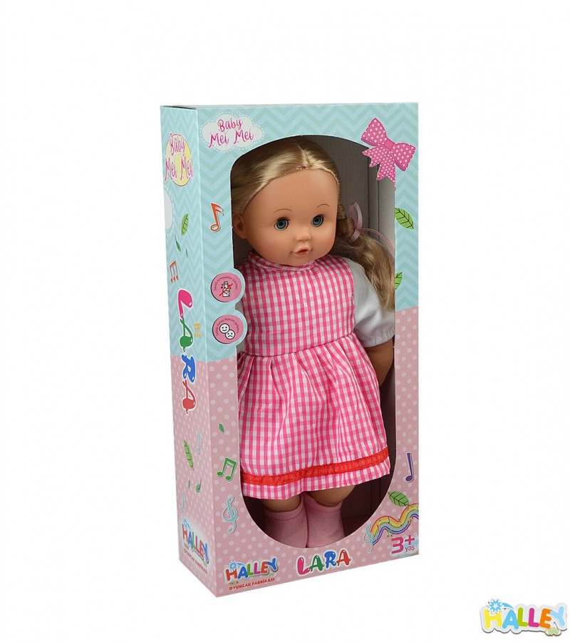 Kare Desenli Elbiseli Müzikli Lara Bebek 40 Cm Pembe